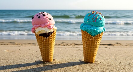 Two Ice Cream Cones on Beach at Sunset, Pink and Blue Flavors, Summer Vacation Treat