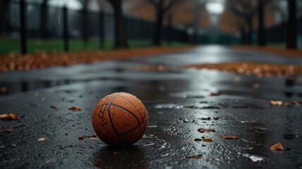 Wet basketball on rainy park path