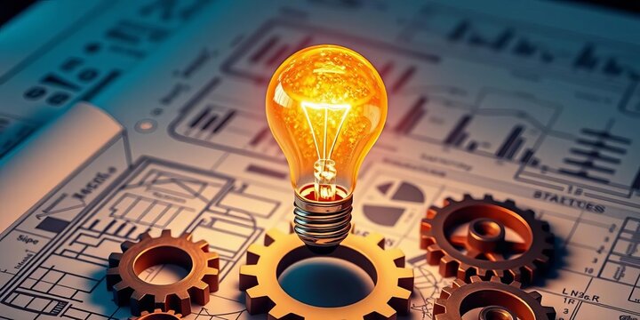 Glowing lightbulb above gears and blueprint, symbolizing innovative business strategy, progress, teamwork