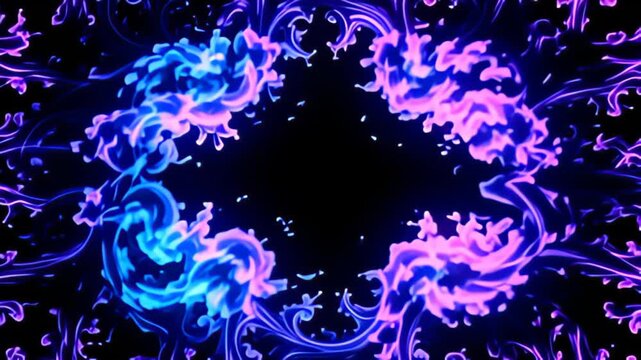 An inspiring Fractal Border Frame expanding in recursive loops bursts into a cascade of cerulean and violet hues, with luminous shapes swirling and spiraling around the frame's perimeter,