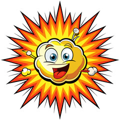 Cartoon character with a happy expression emerging from a vibrant comic book style explosion isolated on white background
