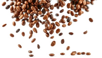Falling coffee beans, isolated on white and black backgrounds,  brown,  delicious