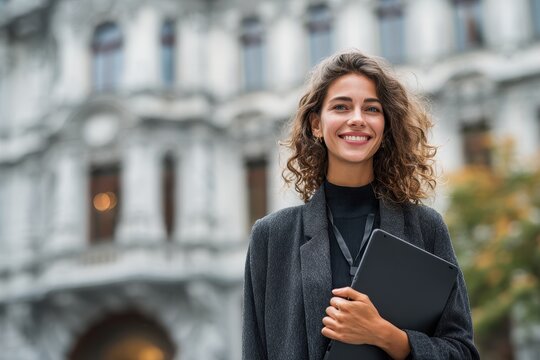 A young professional in a city smiles while holding a tablet and folder near traditional office structures - Powered by Adobe