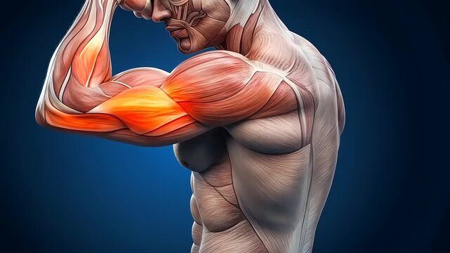 Anatomical illustration of a muscular human arm flexing, showcasing muscle structure and definition
