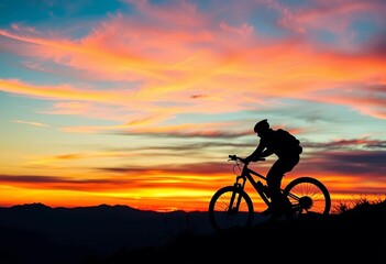 Obraz premium Mountain biker silhouette at sunset, majestic peak, hills, rider