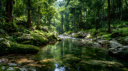 Obraz premium Green forest in sunlight with forest stream