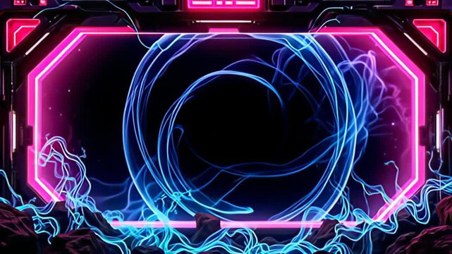 Imagine an audacious Cyberpunk Border Frame in electric magenta and teal, surrounded by swirling energies that spiral intricately, like a cosmic dance, their brilliance magnified against a