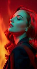 Fototapeta premium A woman with red hair is standing in front of a fire