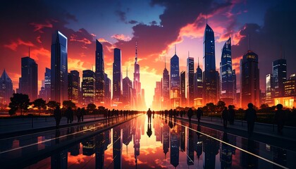 Obraz premium Futuristic city skyline at sunset, reflected in a canal