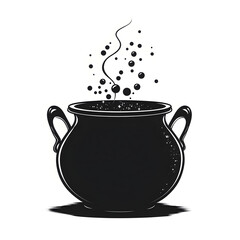 Black magic cauldron brewing sparkling potion with swirling smoke