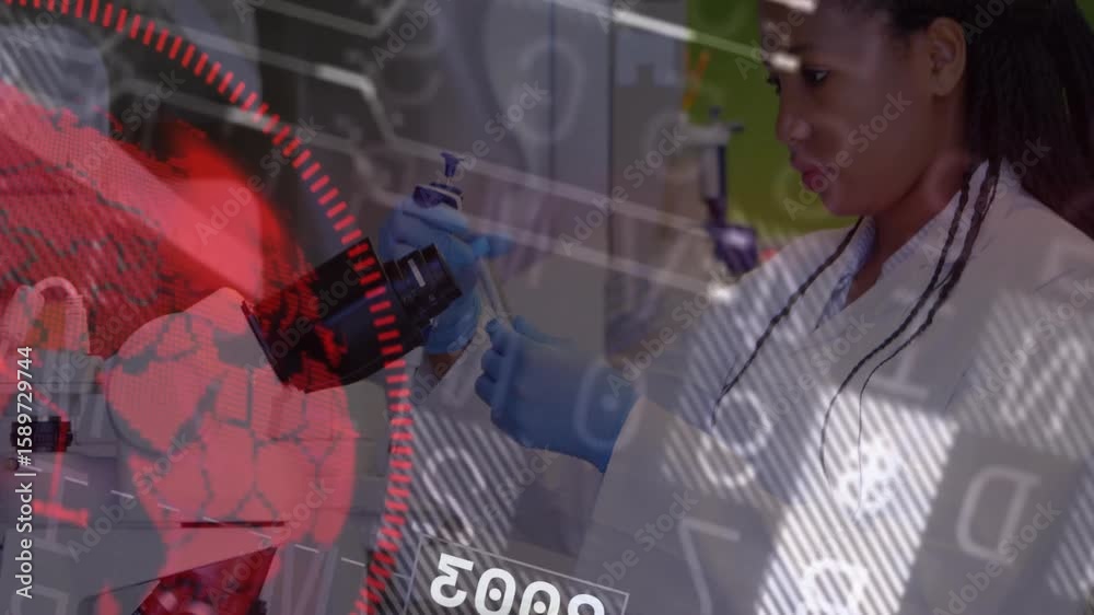 Poster scientist adjusting microscope and pipetting fluid while overlays highlighting experiment progress
