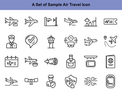 An array of air travel related line icons showcases aviation and security procedures