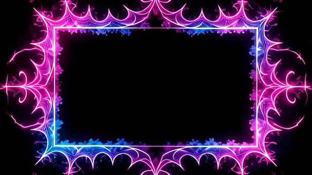 Set against a pure black canvas, a fractal-inspired Cyberpunk Border Frame in electric magenta and teal expands and contracts, while radiant geometric patterns flicker and swirl around it,