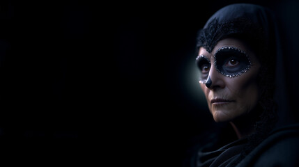 Intimate extreme closeup of elderly woman&rsquo;s face with intricate sugar skull makeup and crystal rhinestones