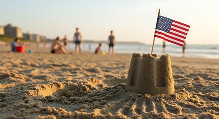 Sandcastle on Beach with American Flag Summer Vacation, Family Fun, Independence Day Holiday