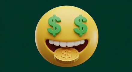  A 3D render of the money mouth face emoji with green dollar signs for eyes and a gold coin tongue on a solid dark green background