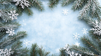 Obraz premium Frosty pine branches and snowflakes framing empty space for text, minimal card layout