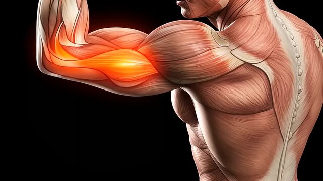 Detailed illustration of human muscular anatomy showcasing the bicep and tricep muscles