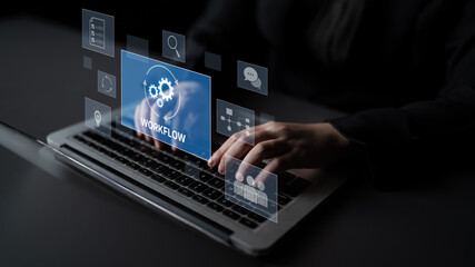 Workflow optimization concept featuring interconnected gears, task management, collaboration,...