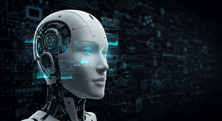 Futuristic Artificial Intelligence Robot Head with Digital Interface and Data Overlay, Concept of AI, Robotics, and Future Technology