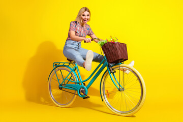 Stylish young woman riding a colorful bike against a vibrant yellow backdrop with a basket of...