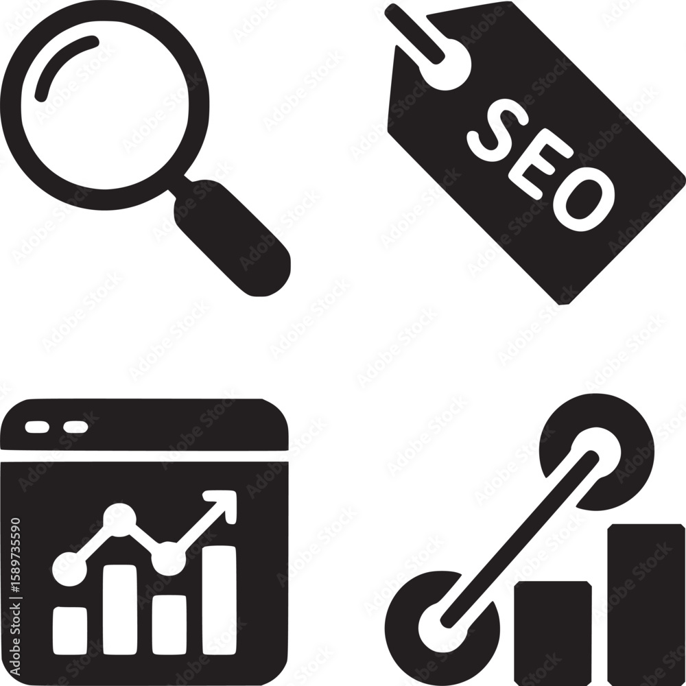 Poster seo optimization and analytics vector icons: search engine optimization and data analysis symbols se