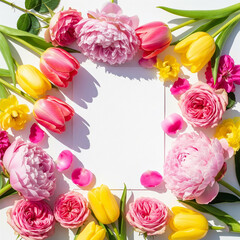 Overhead artistic frame of mixed pink and yellow blossoms arranged around white paper card for greeting text. Soft natural daylight copy