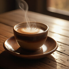 close up of steaming latte with leaf art