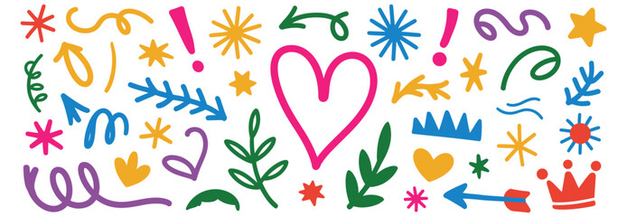 Vector art of a vibrant assortment of handdrawn doodles including arrows, hearts, stars, crowns, leaves, swirls, and exclamation points