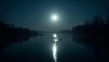 Obraz premium Panoramic night view of calm river reflecting bright full moonlight with dark forest silhouettes