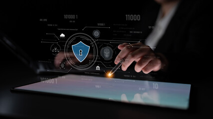 Cyber security interface with biometric and AI-powered protection system. Cyber security secures...