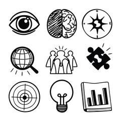 A vector illustration set of black business and web icons including a target, globe, and hand symbols