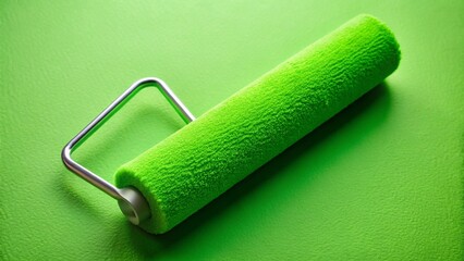 Obraz premium A versatile painting tool, a green paint roller lies ready for work on a vibrant green or clean white wall, ideal for home improvement and interior renovation projects