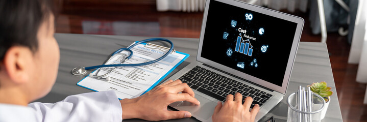 Cost reduction, cost saving concept shown on computer screen brisk, corporate business efficiently...