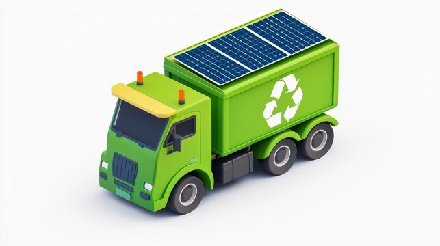 Green eco-friendly garbage truck with solar panels and recycling logo, symbolizing sustainable waste management.