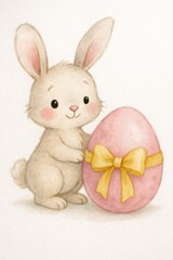 Obraz premium Whimsical watercolor painting showing playful bunny grasping pastel Easter egg embellished with sunny yellow ribbon