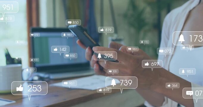 Professional woman swiping phone at desk generating animated counters tracking social media updates