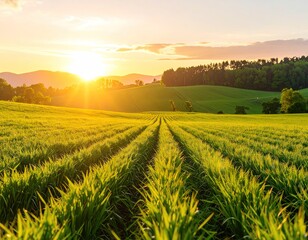Sunrise over a vibrant green wheat field