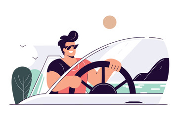 Vector art of man driving motor yacht, summer vacation concept