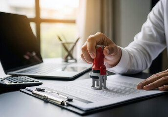 Close-up view of a hand placing a red stamp on official paperwork, symbolizing approval and verification in administrative processes.