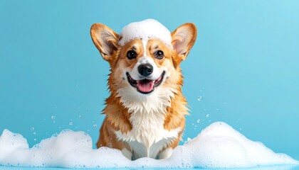 Happy dog in a soapy bath
