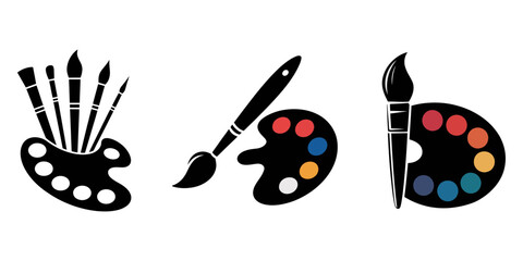 Painter palette and paint brush. icon vector on white background, artist palette design silhouette vector illustration, Flat illustrations of painting palettes, Palette with brushes Vector, Palette