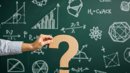 Caucasian woman and man exchange cardboard question mark on blackboard with math formulas, education concept footage. - Powered by Adobe
