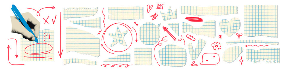 Torn tear paper pieces and scribble doodles set. Ripped blue graph notebook sheets with vintage texture, back to school concept. Trendy elements collection for collage Modern retro vector illustration