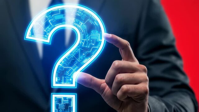 Man holding glowing digital question mark in hand, representing business solution and concept for frequently asked questions footage.