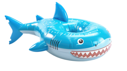 Bright blue inflatable shark pool float perfect for summer fun and relaxation at the beach or poolside during sunny afternoons