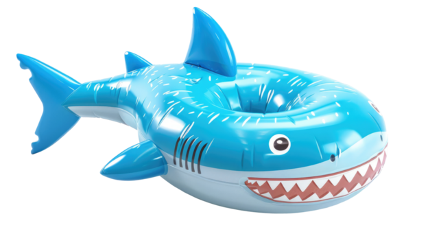 Bright blue inflatable shark pool float perfect for summer fun and relaxation at the beach or poolside during sunny afternoons