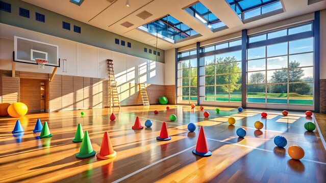 A bright and spacious gymnasium filled with sports equipment for childrens activities - Powered by Adobe