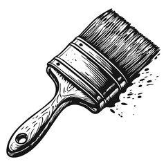 Paint splattered brush in hand-drawn engraving style featuring realistic bristles and splatters of paint. Paint splattered brush has an artistic touch with a vintage engraving.