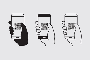 
Mobile Phone Scanning QR Code – Hand Holding Smartphone with QR Code Icon – Vector Illustration of Digital Scan Technology
